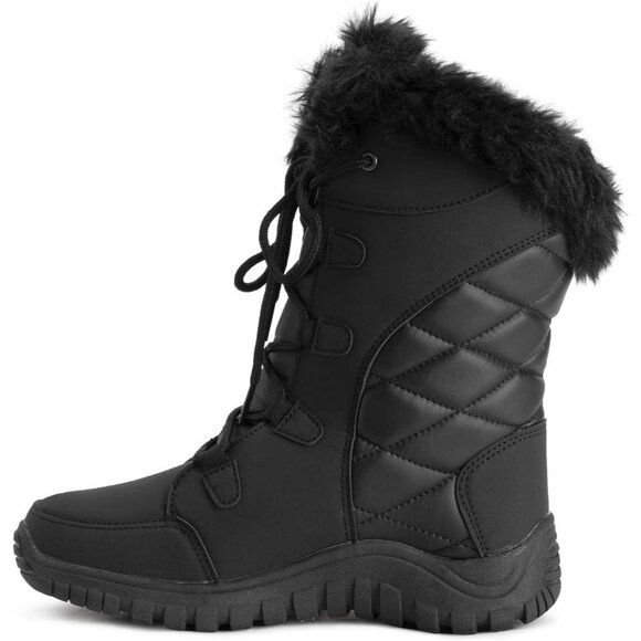 Women’s Black Quilted Faux Fur Cuff Winter Duck Boots Rubber Sole Snow - Picture 3 of 9